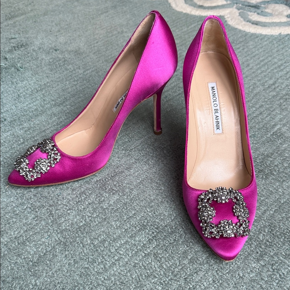 Manolo Blahnik Pink Satin Hangisi Heels - 105mm